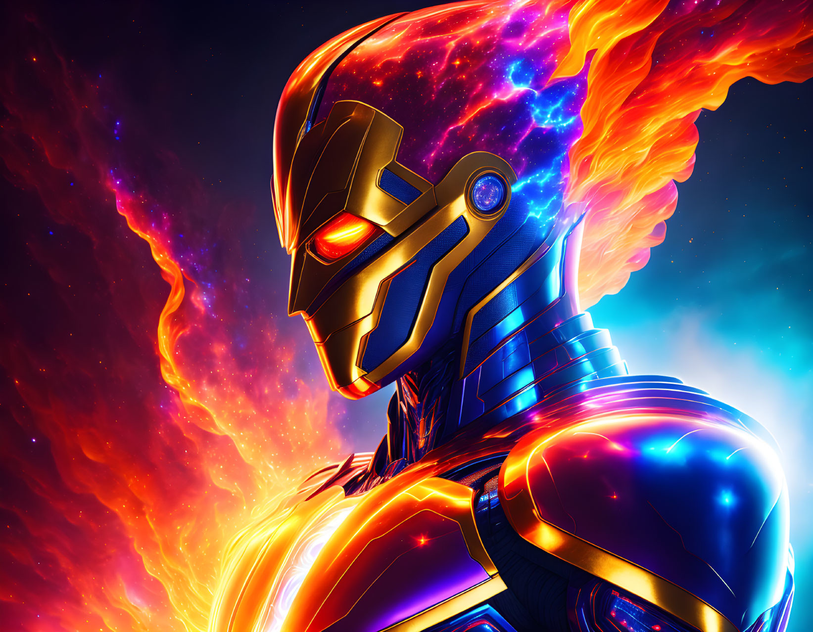 Character in Blue and Gold Armored Suit with Flaming Mane on Cosmic Background