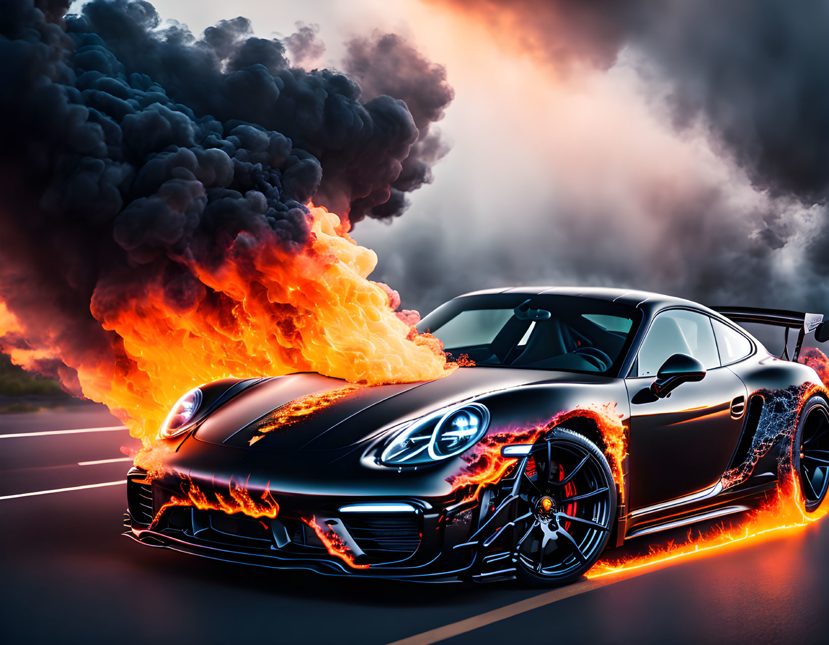 Black sports car with fiery effects on road under dramatic sky