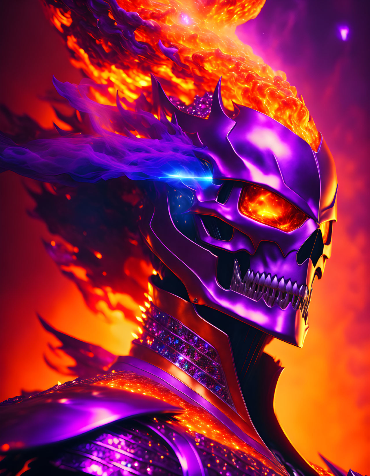 Skull with Purple Helmet in Fiery Flames on Orange Background