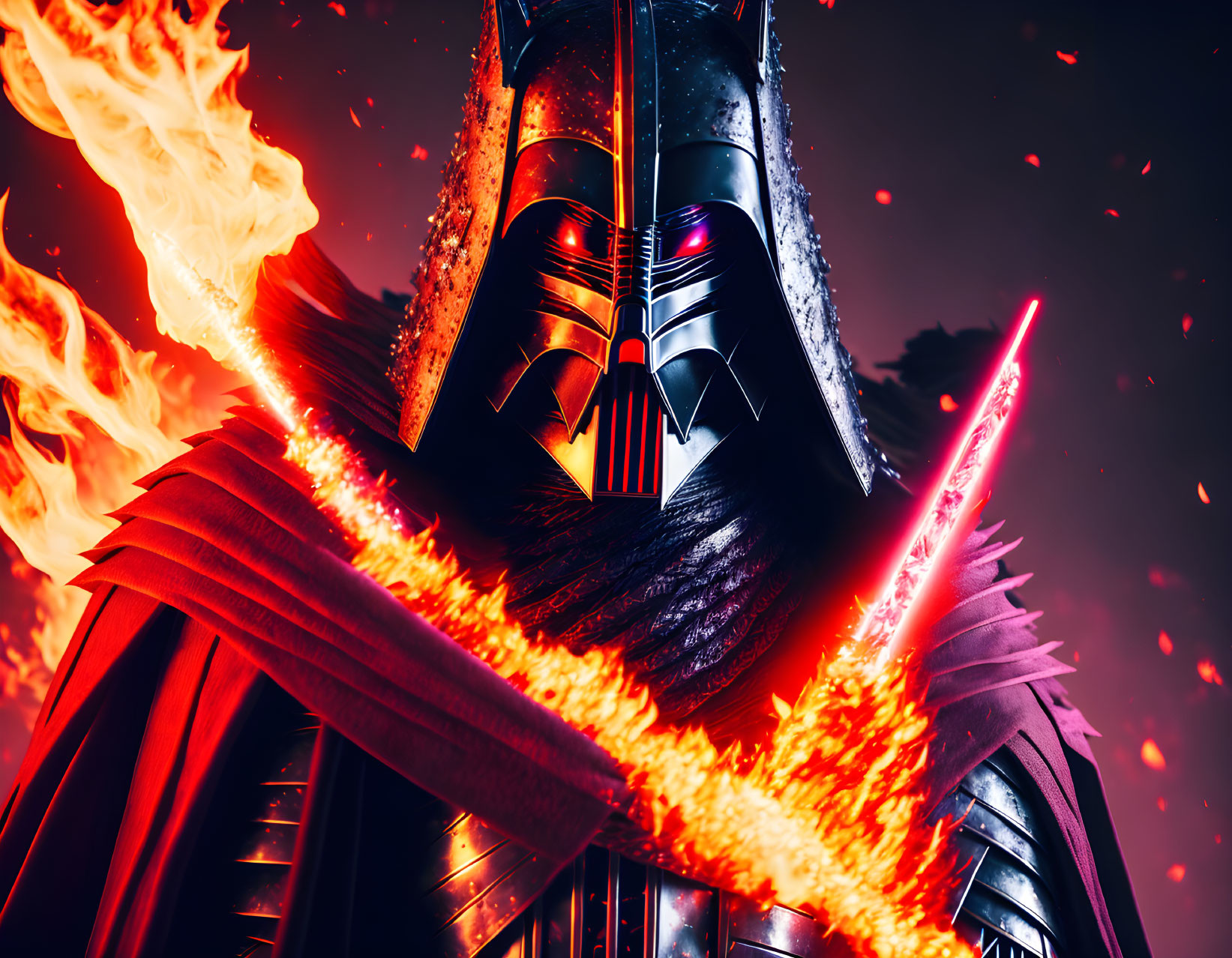 Character in Black Armor Wielding Red Lightsaber in Fiery Scene