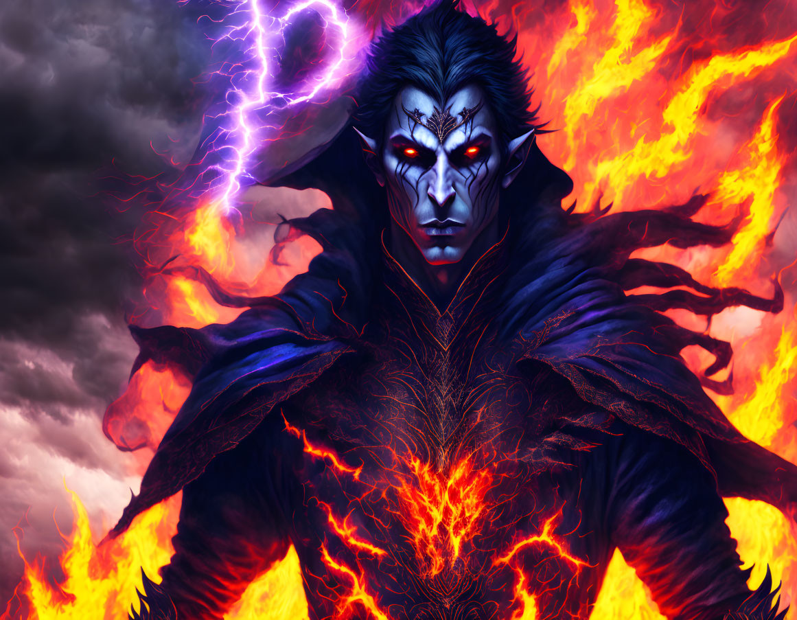 Fantasy character with glowing eyes in dark armor against fiery backdrop