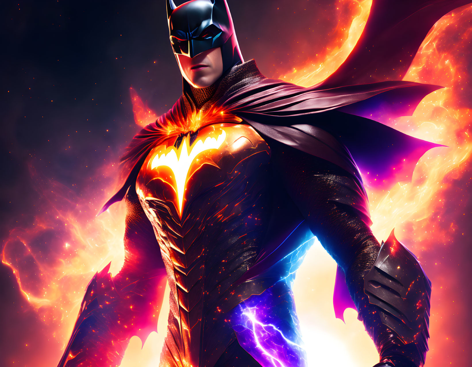 Superhero with bat emblem in dramatic cosmic setting