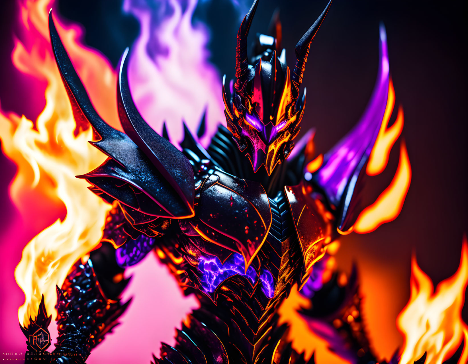 Dynamic blue and orange flames surround fierce figure in dark armor.