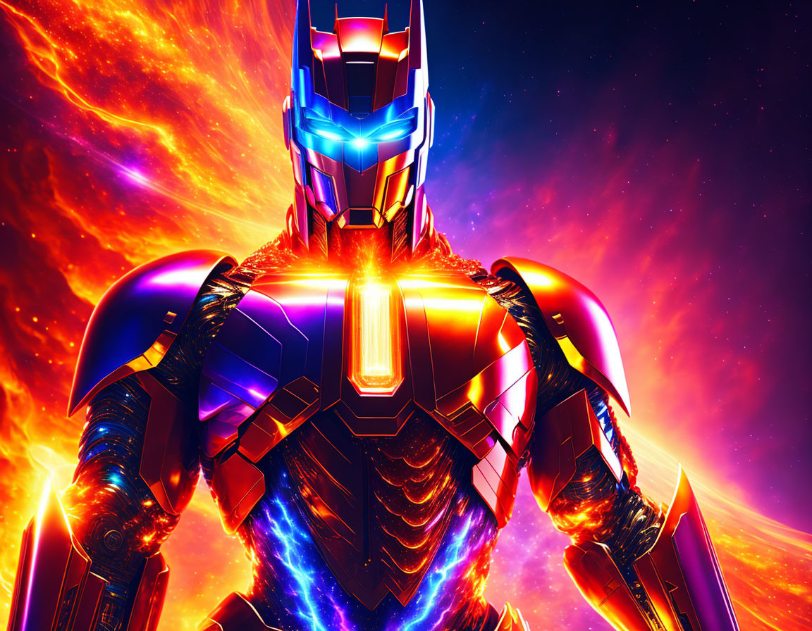 Armored robotic figure in cosmic backdrop with blue and orange lights