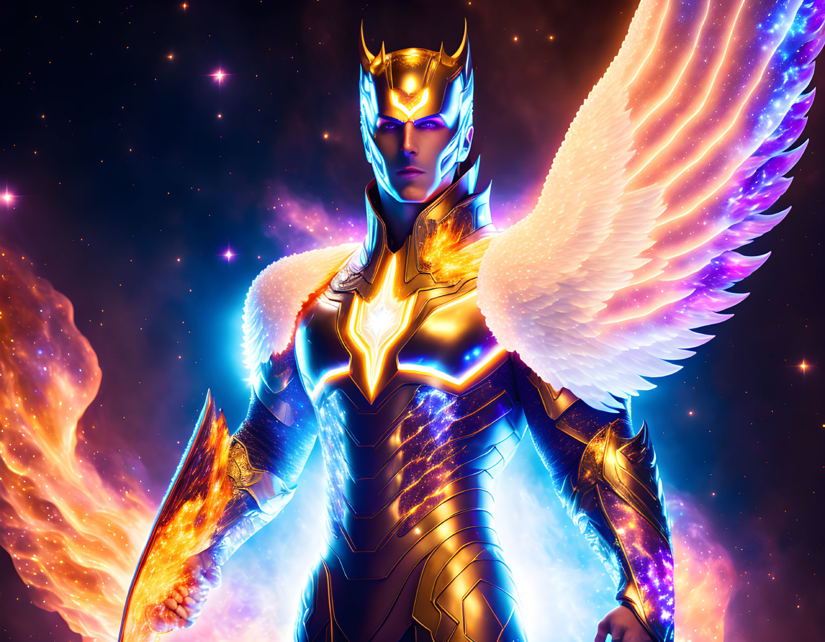 Winged superhero in golden armor on cosmic backdrop