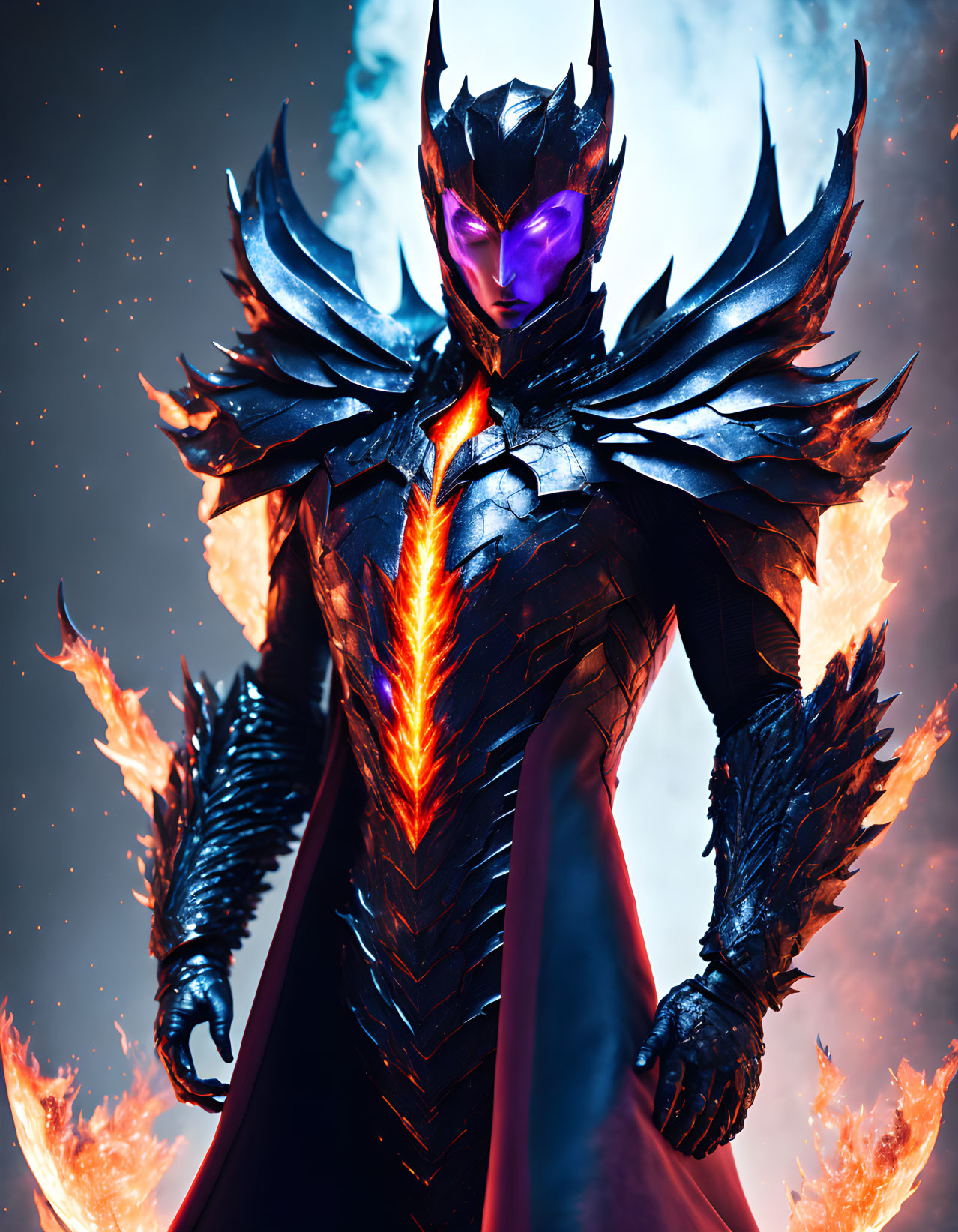 Armored figure in dark armor with glowing cracks surrounded by flames on blue backdrop