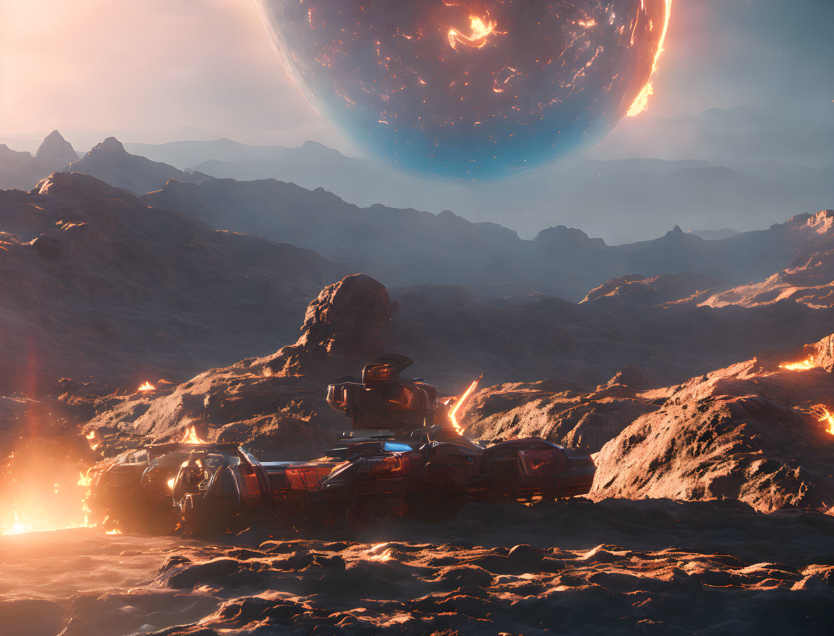 Sci-fi landscape with spaceship on rocky terrain under alien planet