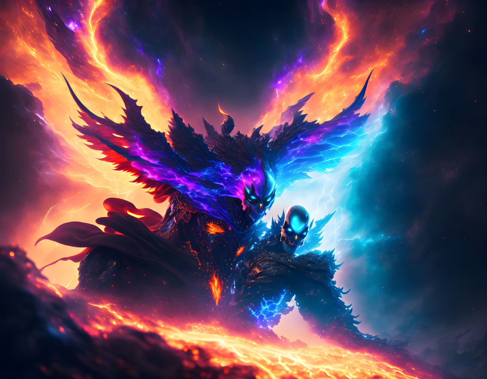 Vibrant blue and purple dragon in fiery cosmic scene