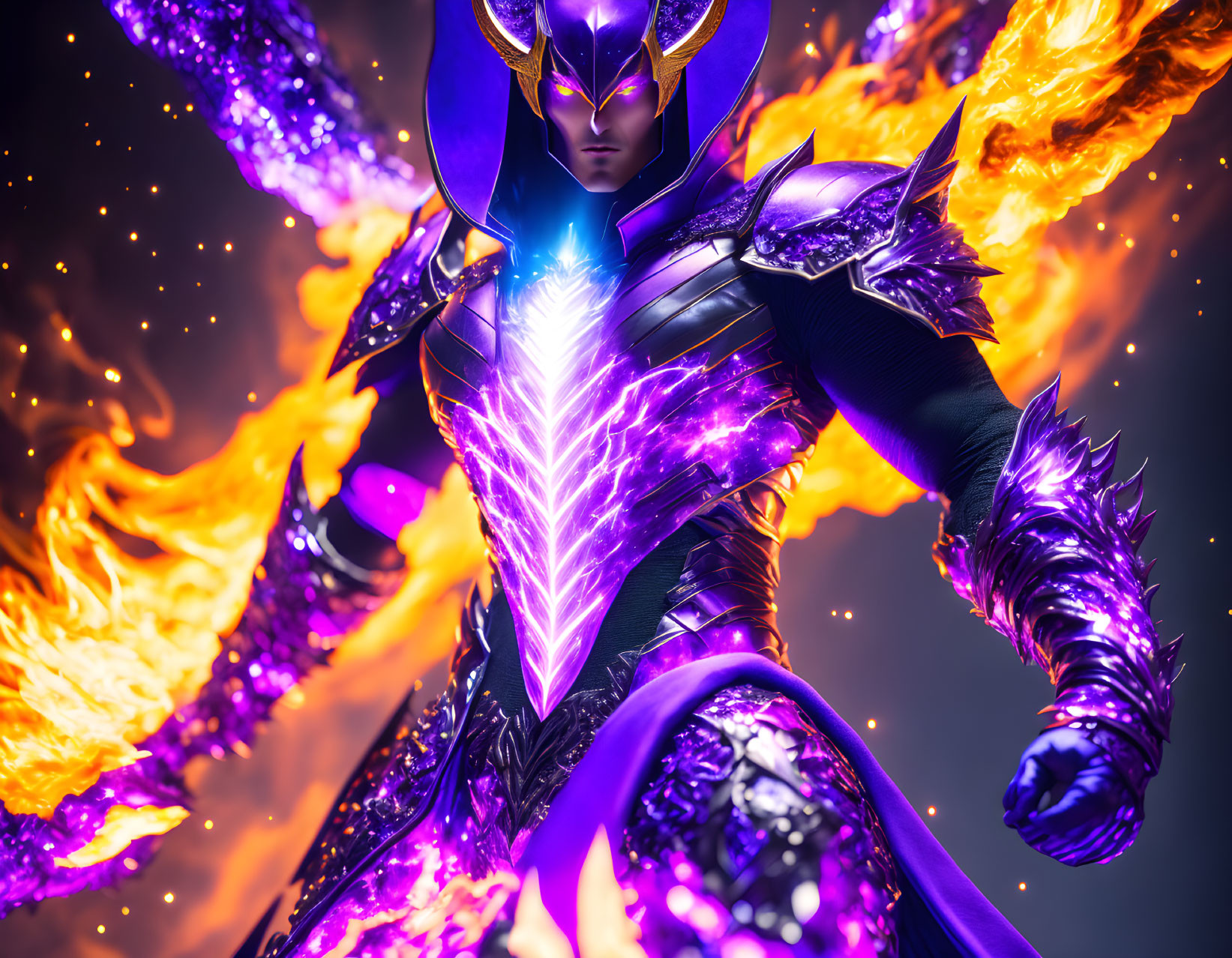 Character in Purple and Golden Armor with Flames and Energy Core