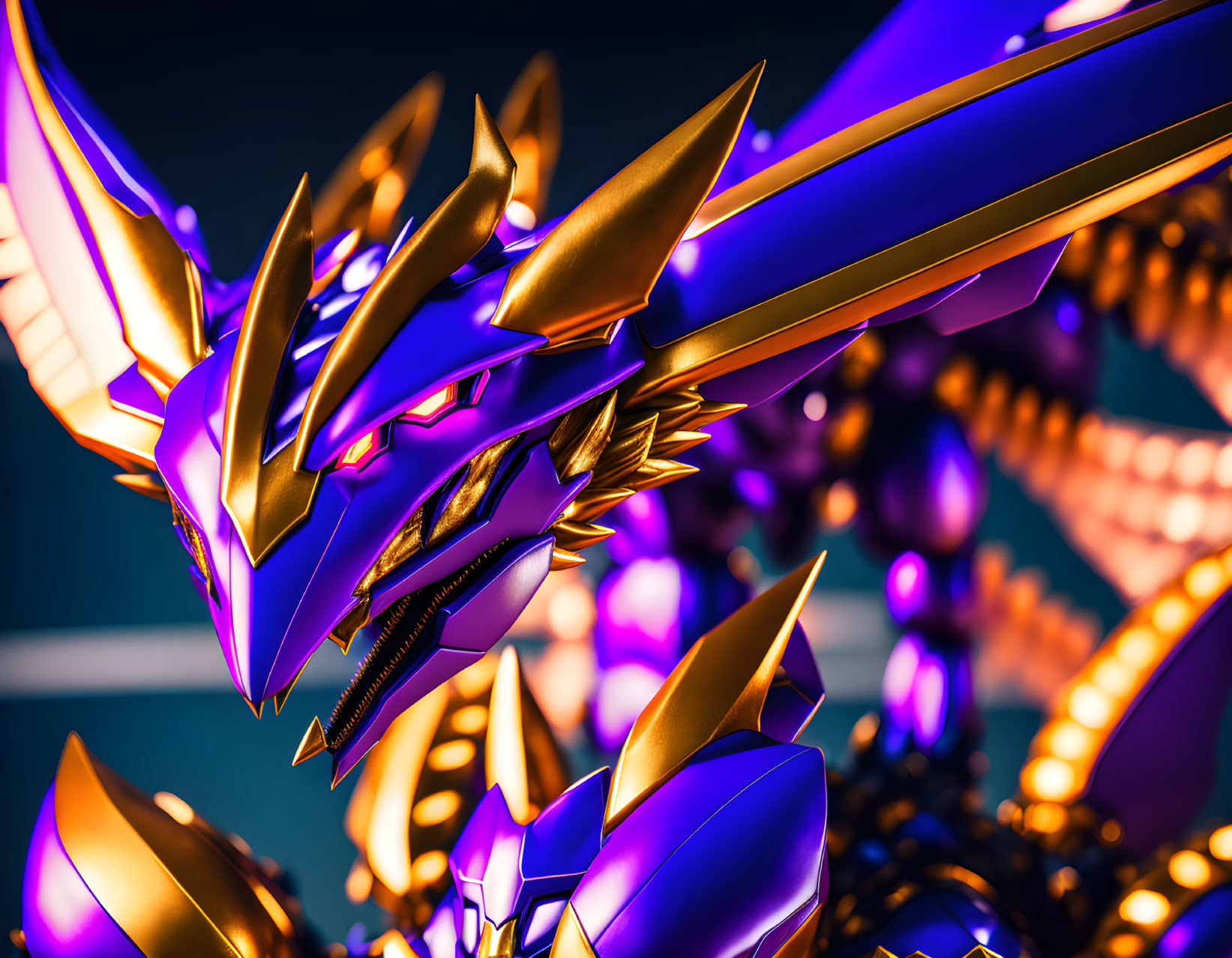 Metallic Dragon Sculpture with Golden and Purple Details on Blue Background