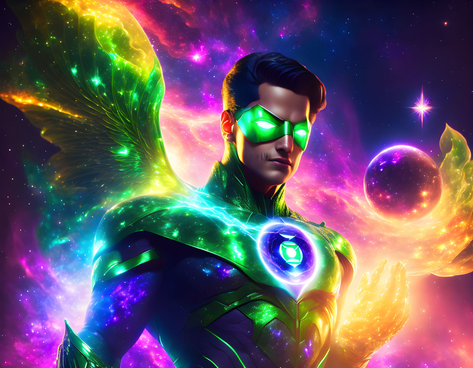 Male superhero with green glowing eyes, power ring, and cosmic wings in vibrant illustration