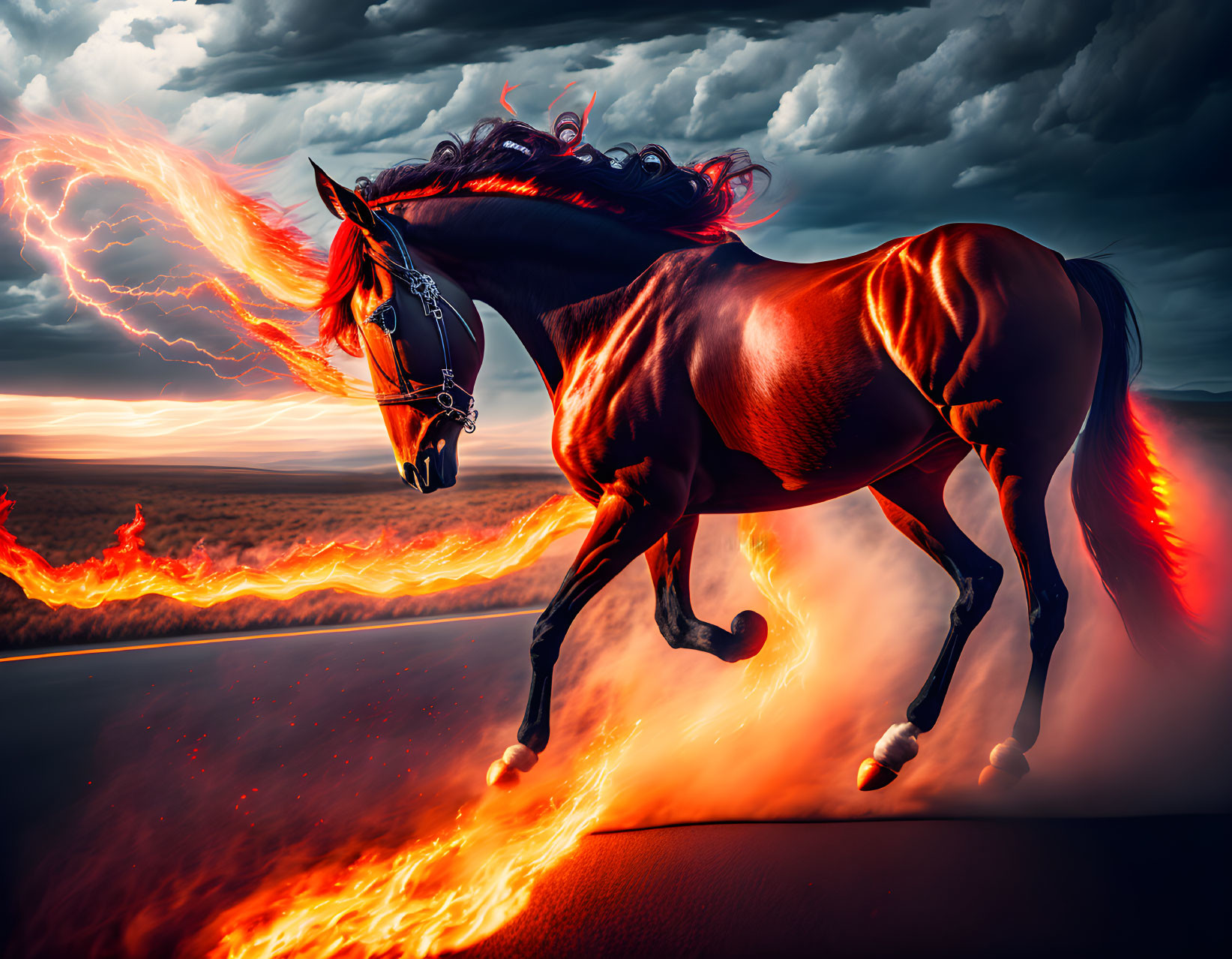 Chestnut horse with black mane emits fiery lightning in stormy sky