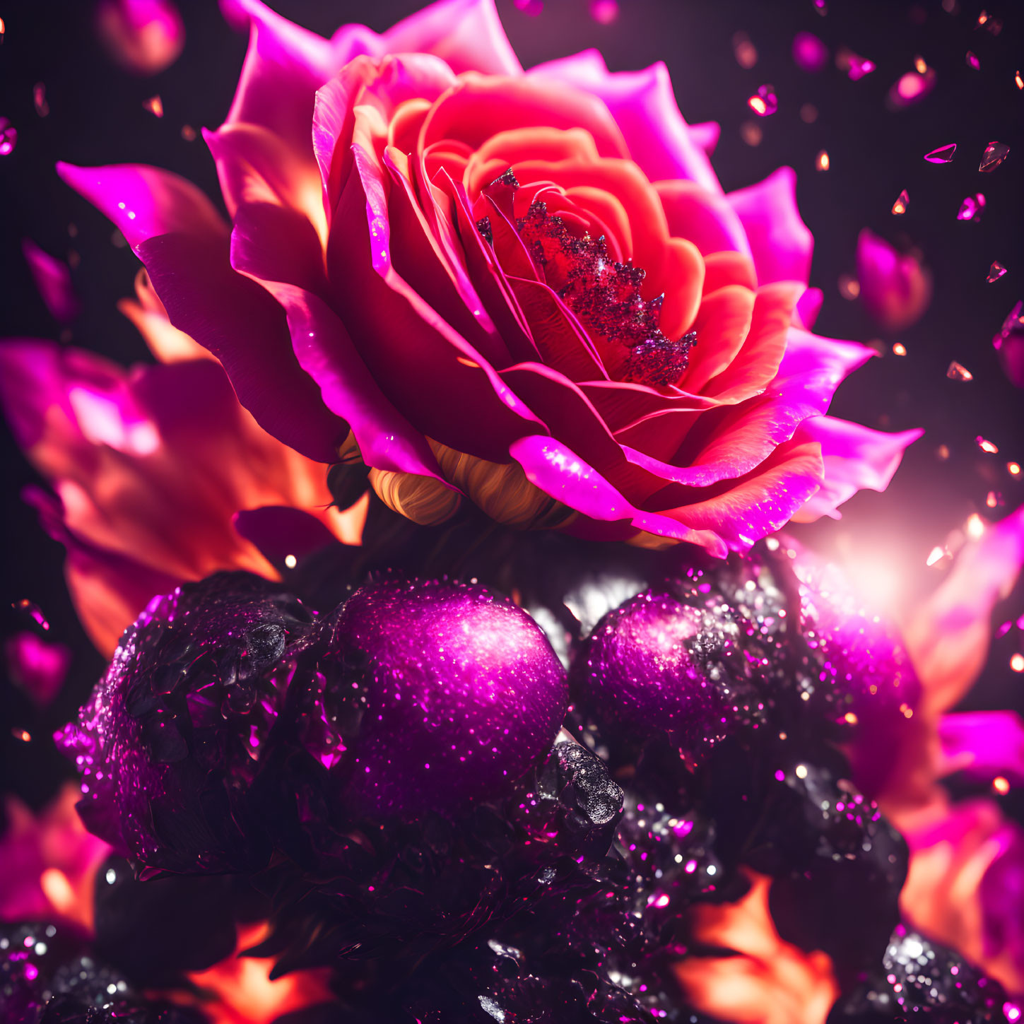 Vivid deep pink rose with sparkling purple orbs on dark background