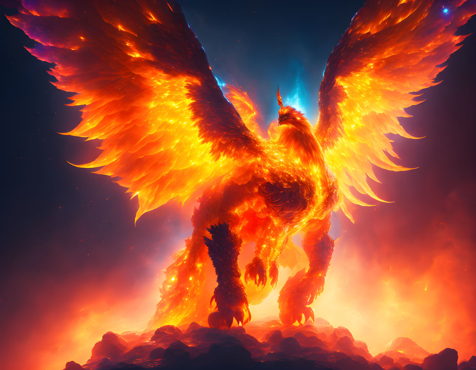 Majestic Phoenix Spreading Fiery Wings on Volcanic Mound