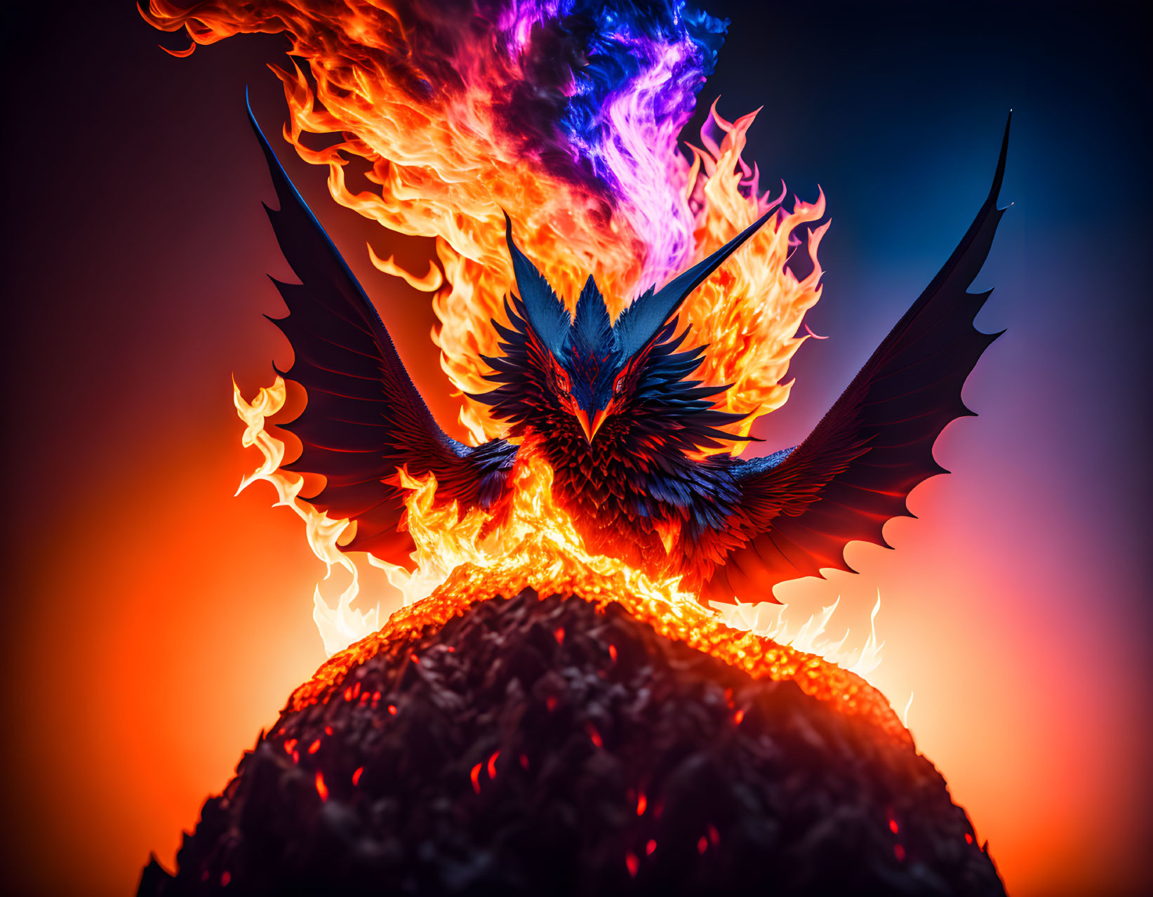 Fiery phoenix with blue and purple crest against red and orange backdrop