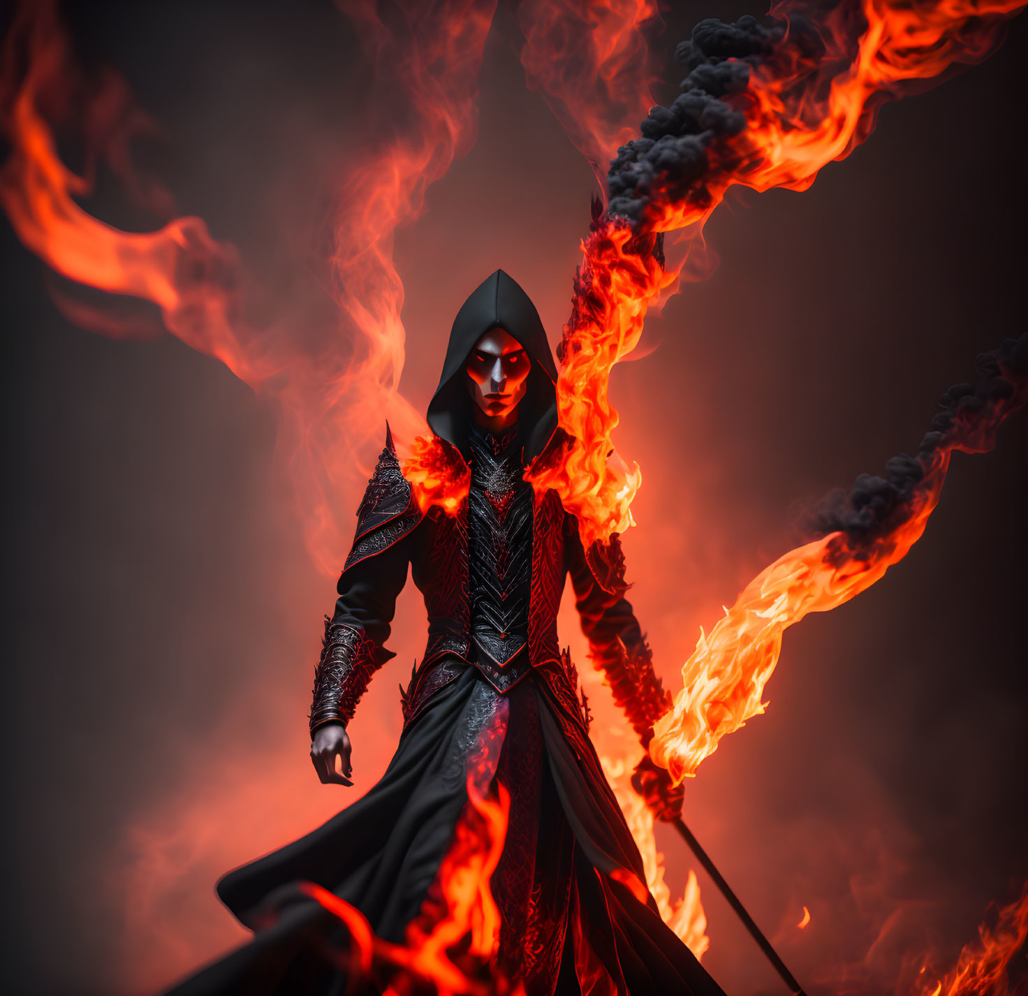 Hooded figure in ornate armor surrounded by flames and smoke