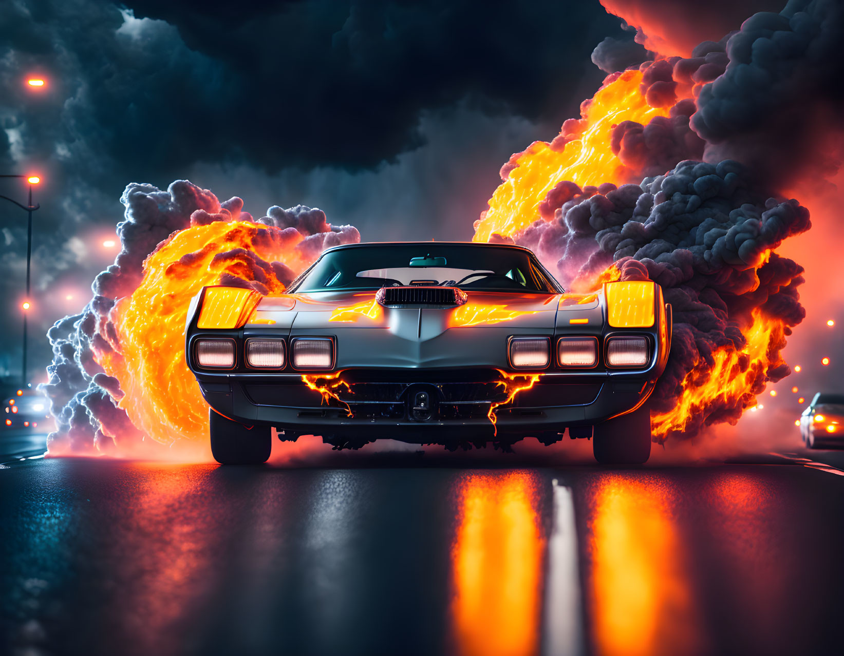 Vintage muscle car races at night amidst fiery explosions.