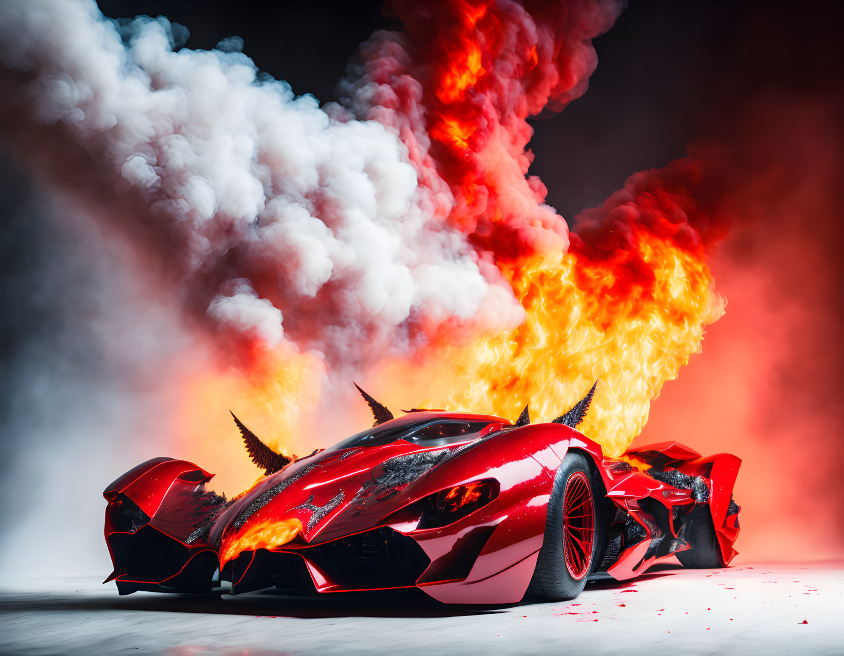 Red sports car engulfed in flames against dramatic backdrop