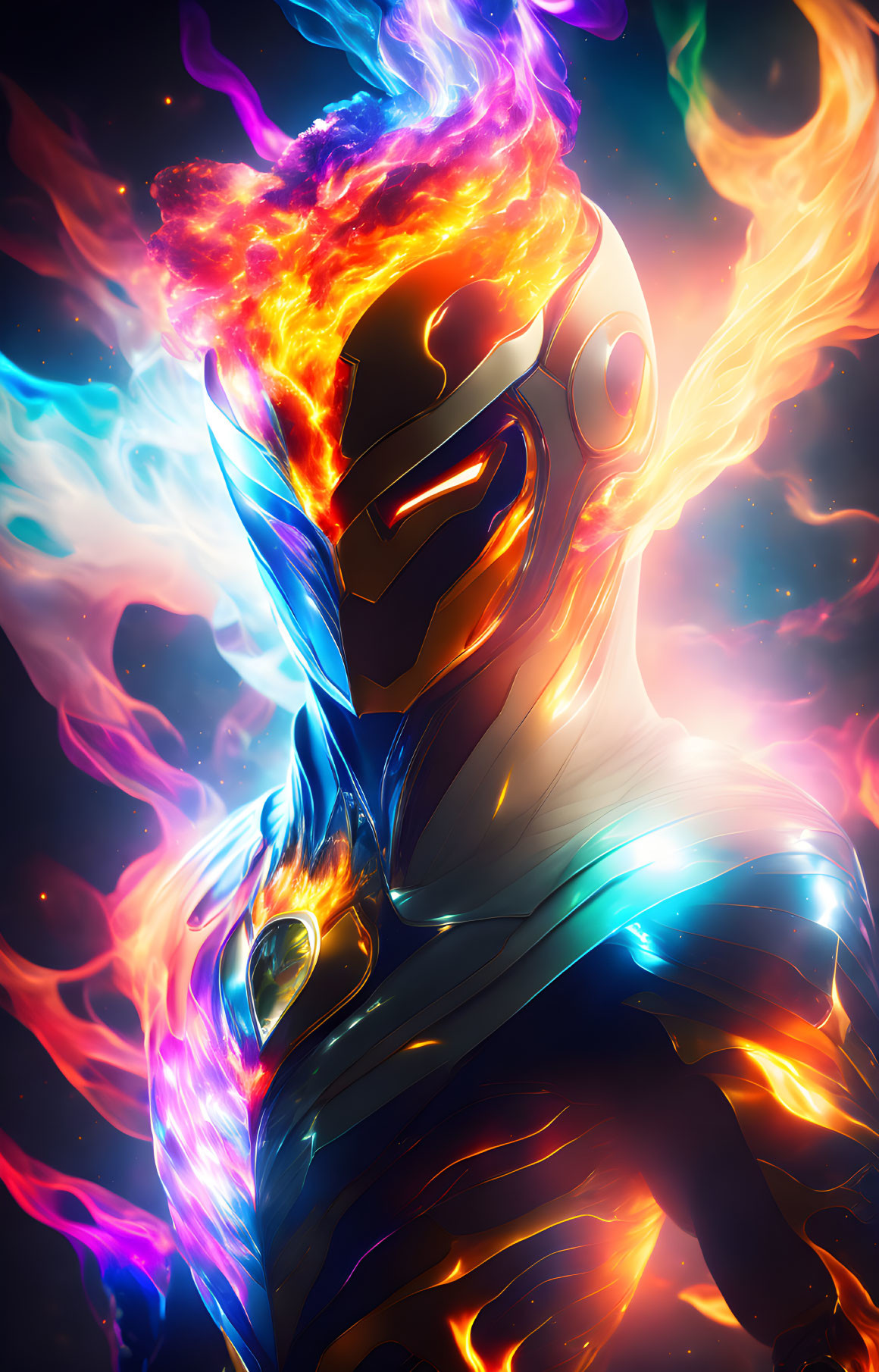 Colorful Artwork: Figure in Futuristic Helmet with Flames and Cosmic Energy