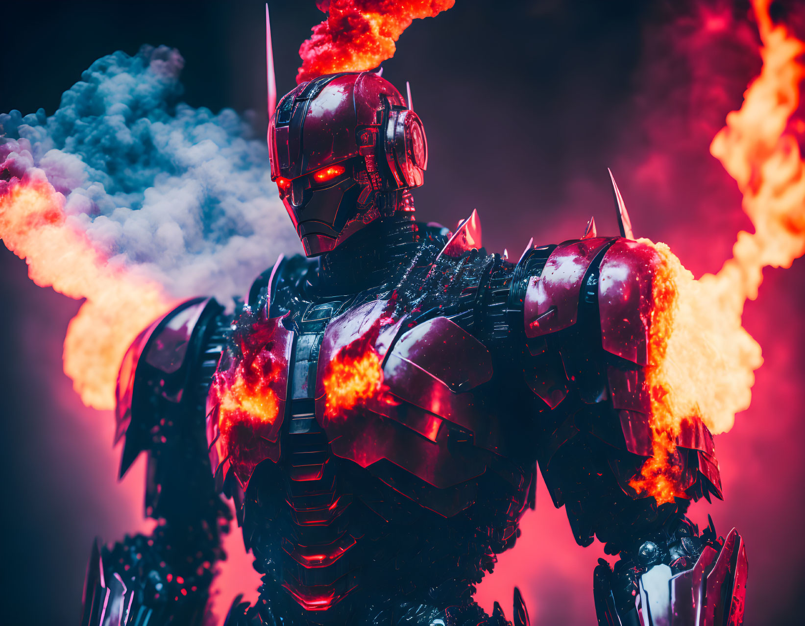 Glowing red-eyed robot in armor amidst flames and smoke