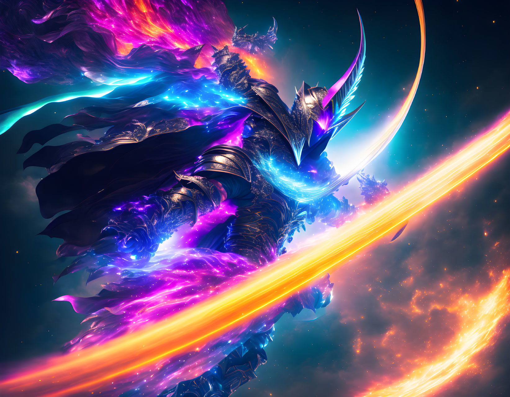 Colorful digital art: Armored figure in cosmic setting