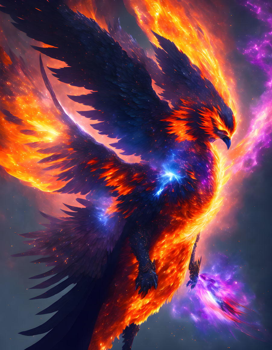 Majestic phoenix with fiery wings in vibrant cosmic scene