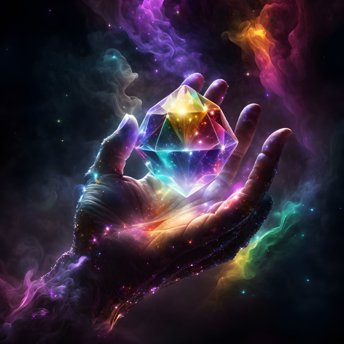 Luminous crystal held in hand against cosmic backdrop