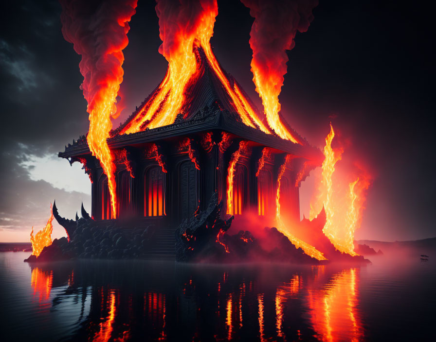 Burning Asian-style temple surrounded by fire pillars