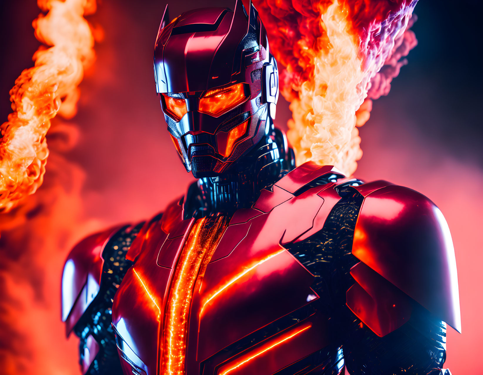 Armored character in red suit with glowing eyes against fiery backdrop