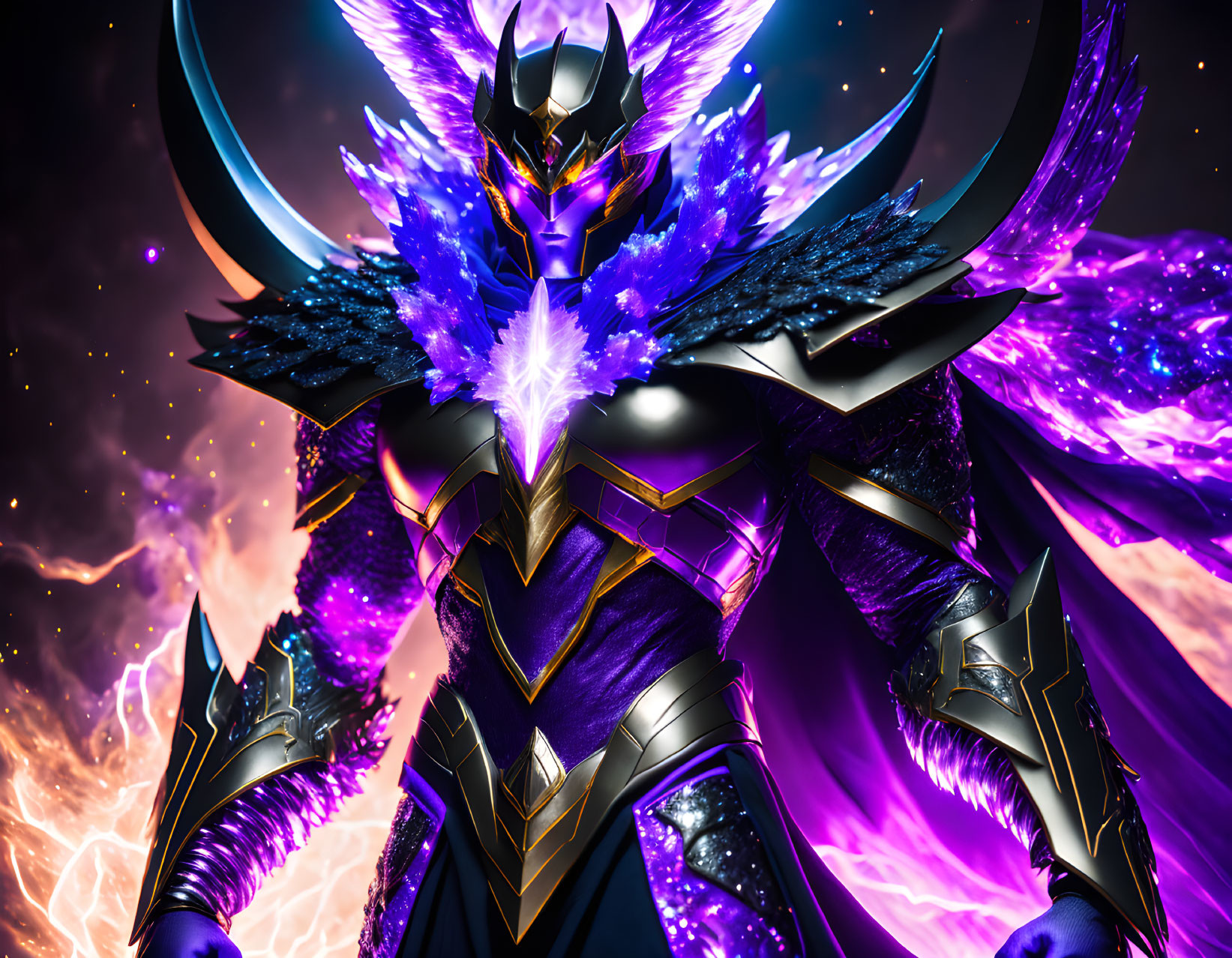 Armored character with blue crystal-like protrusions in cosmic setting