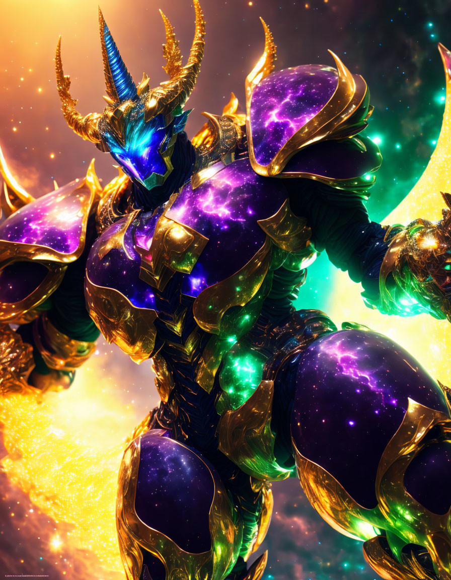 Cosmic-themed armored warrior in green and orange against starry backdrop