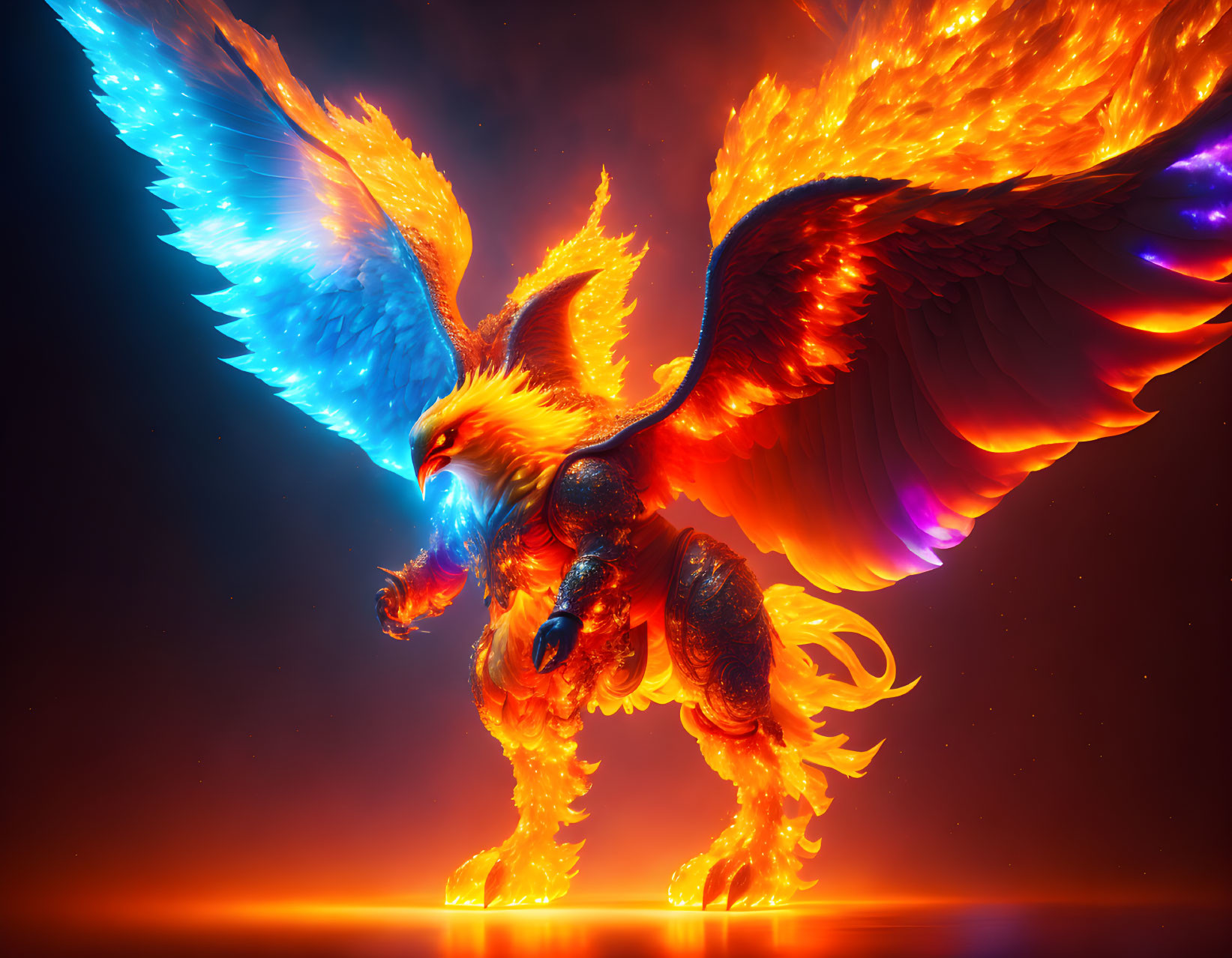 Majestic Phoenix with Blue and Orange Wings on Red Background