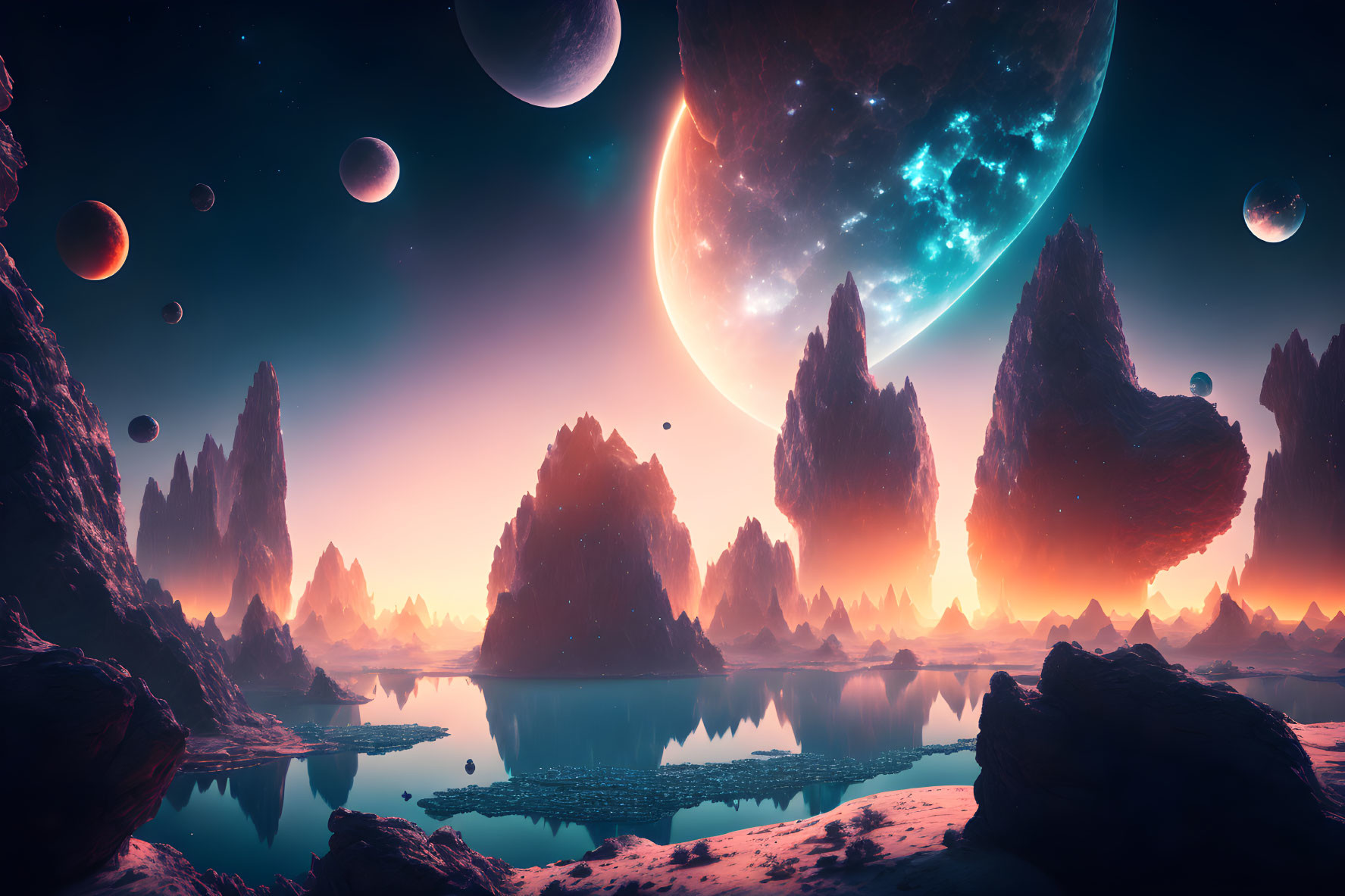 Colorful sci-fi landscape with rock formations, lake, moons, and nebula-filled sky