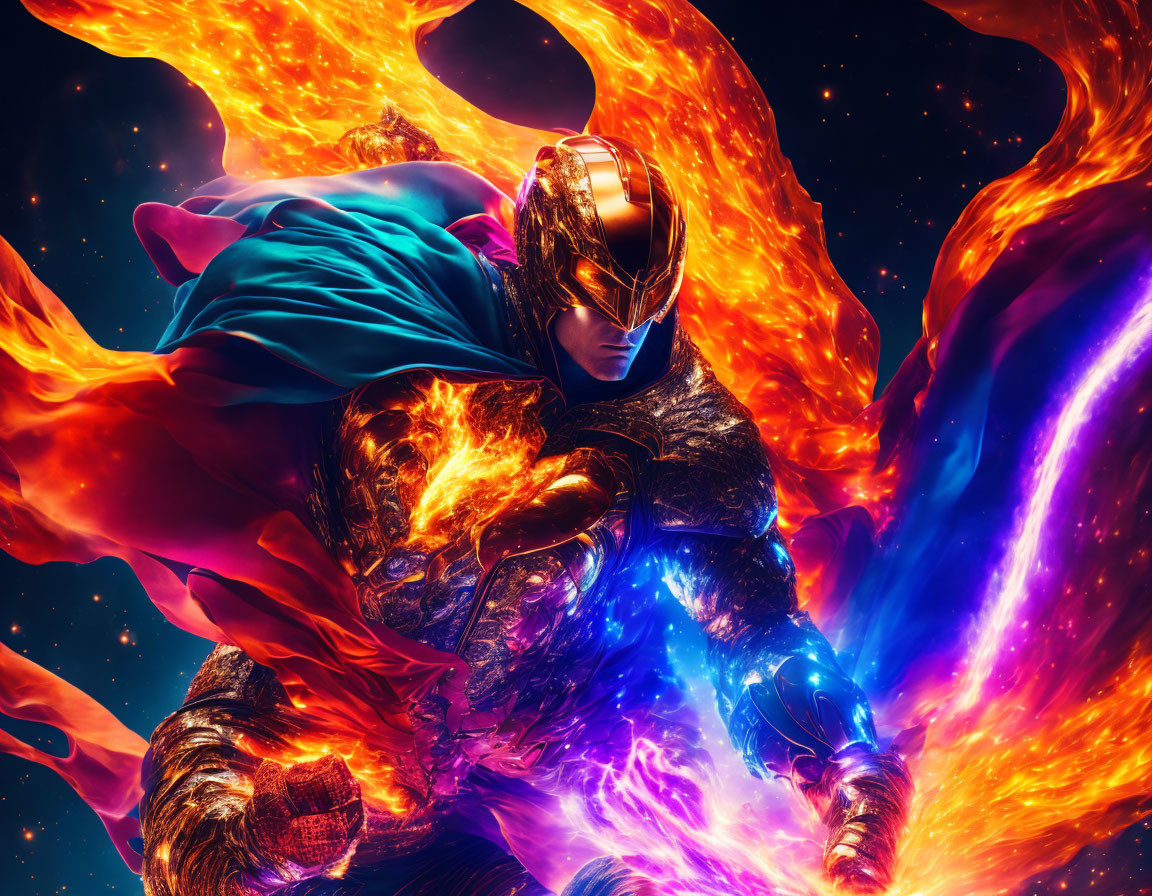 Cosmic superhero engulfed in flames flying through space