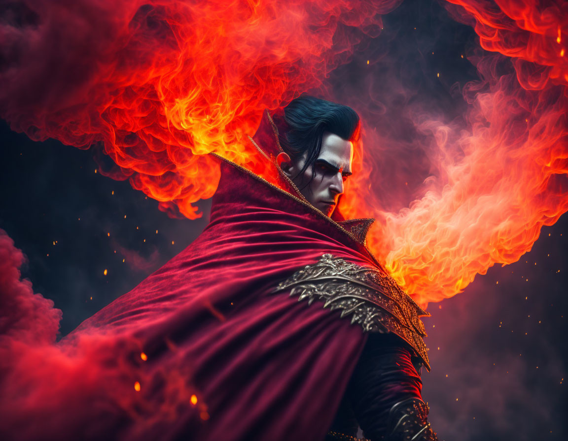 Gothic vampire in red cape surrounded by swirling smoke