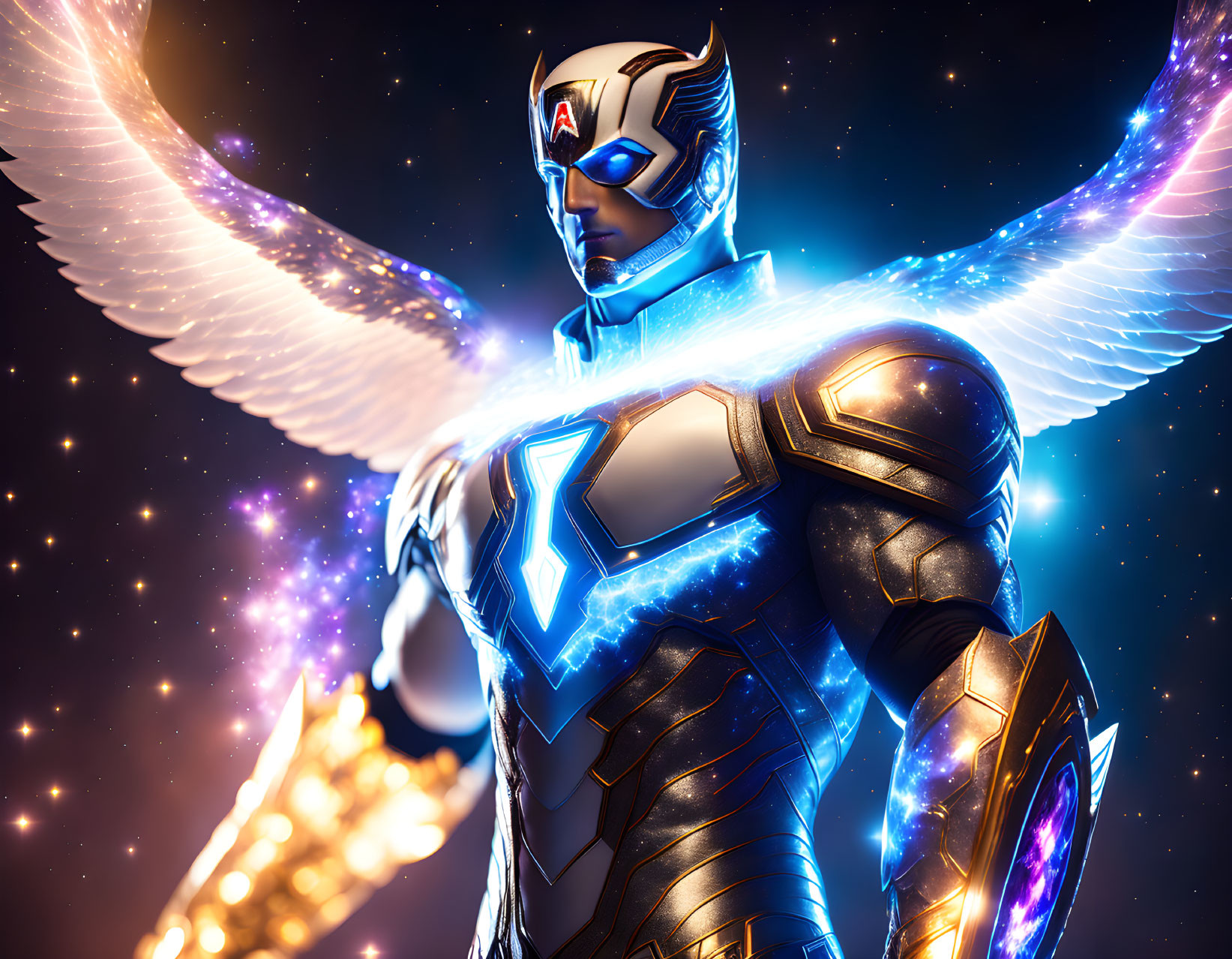 Armored figure with glowing wings in cosmic setting