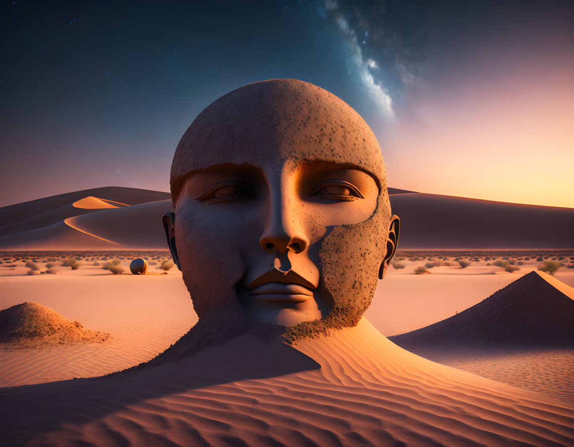 Surreal desert landscape with human face and comet in dusk sky