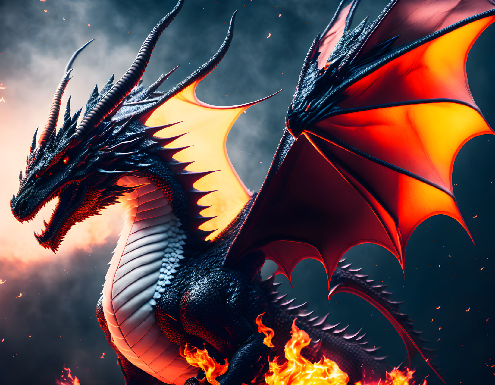 Red and Black Dragon with Glowing Eyes in Dark Sky