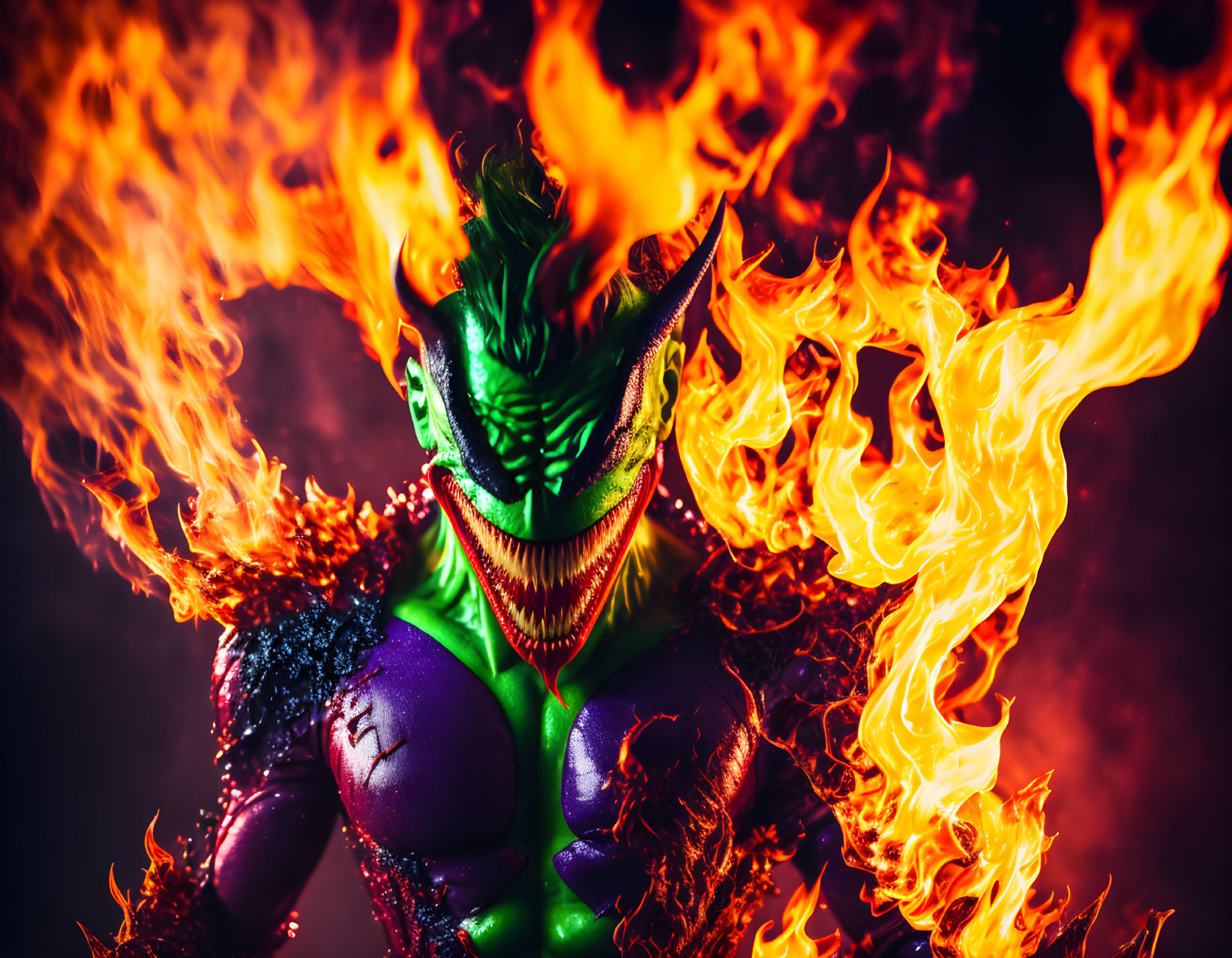 Green Dragon-Like Monster Figurine with Flames on Dark Background