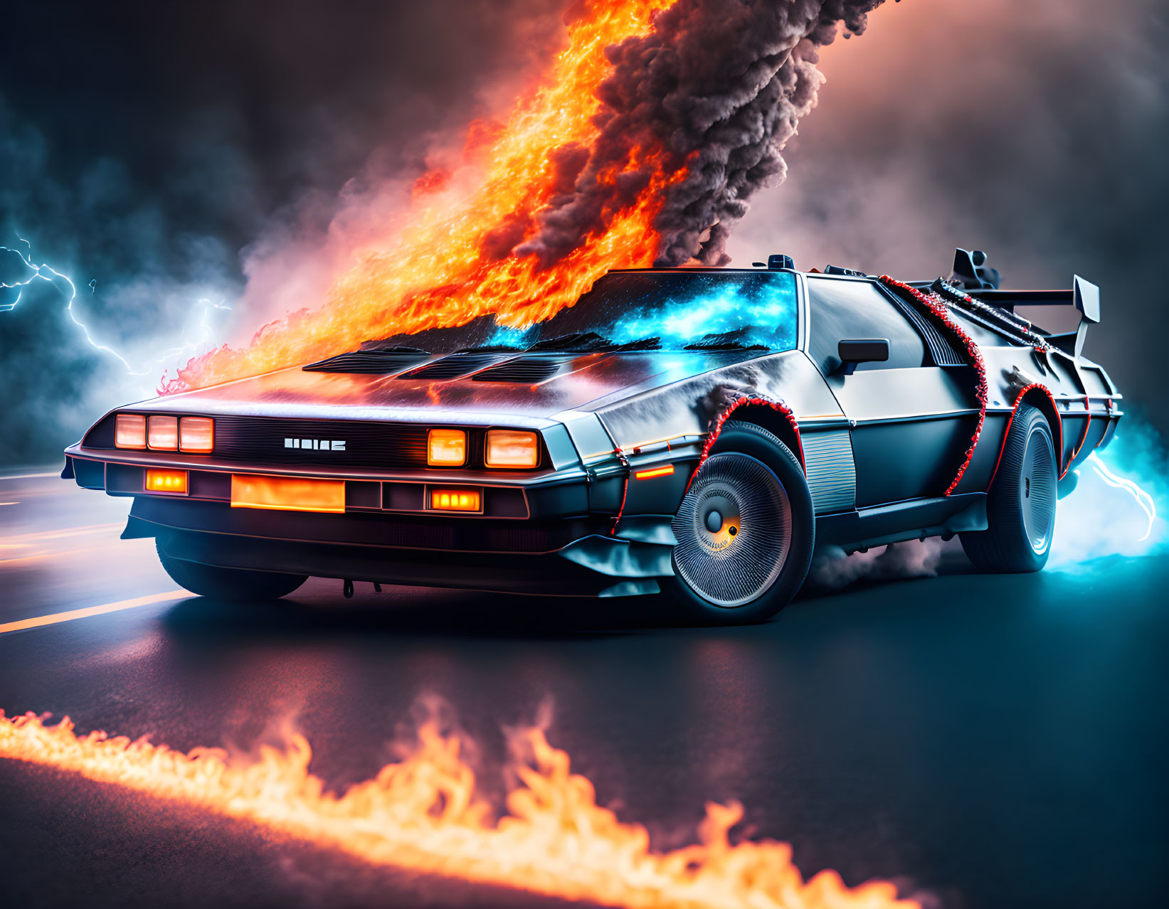 Flaming DeLorean car in lightning storm scene