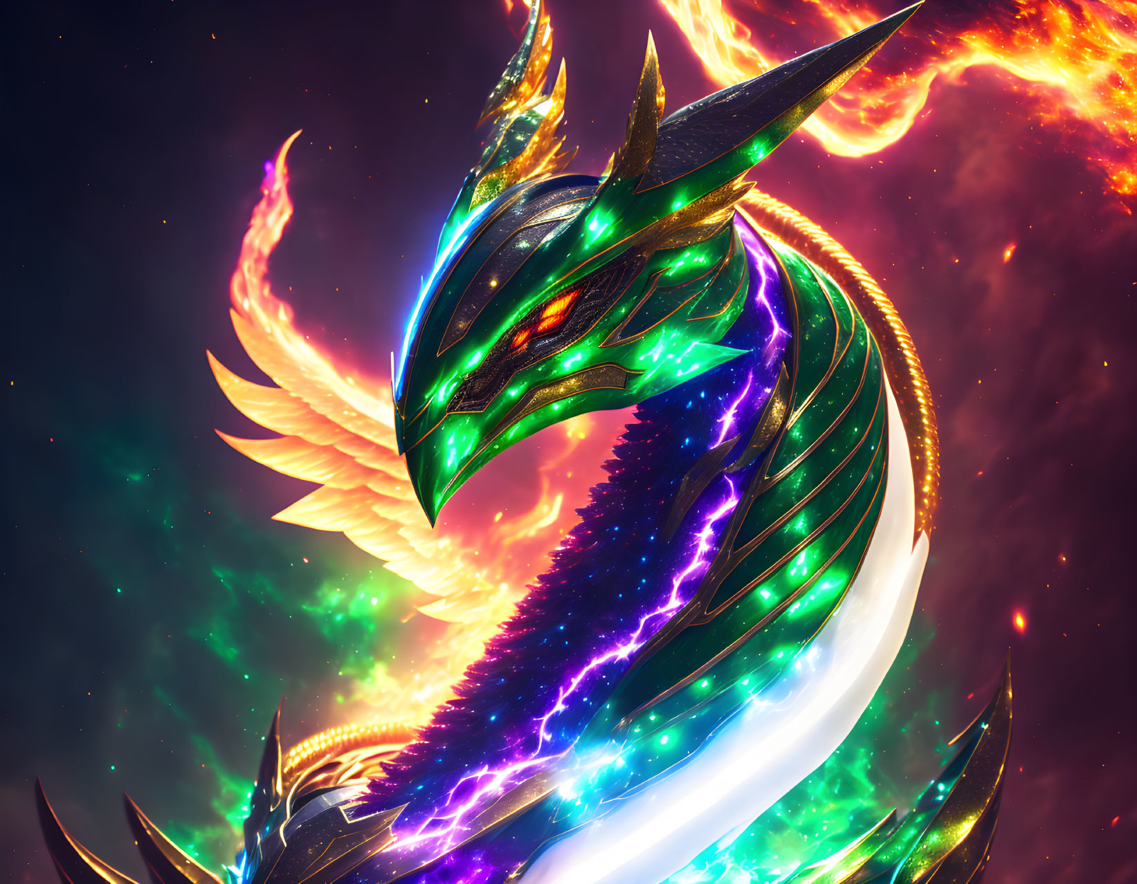 Mythical dragon digital art in cosmic setting