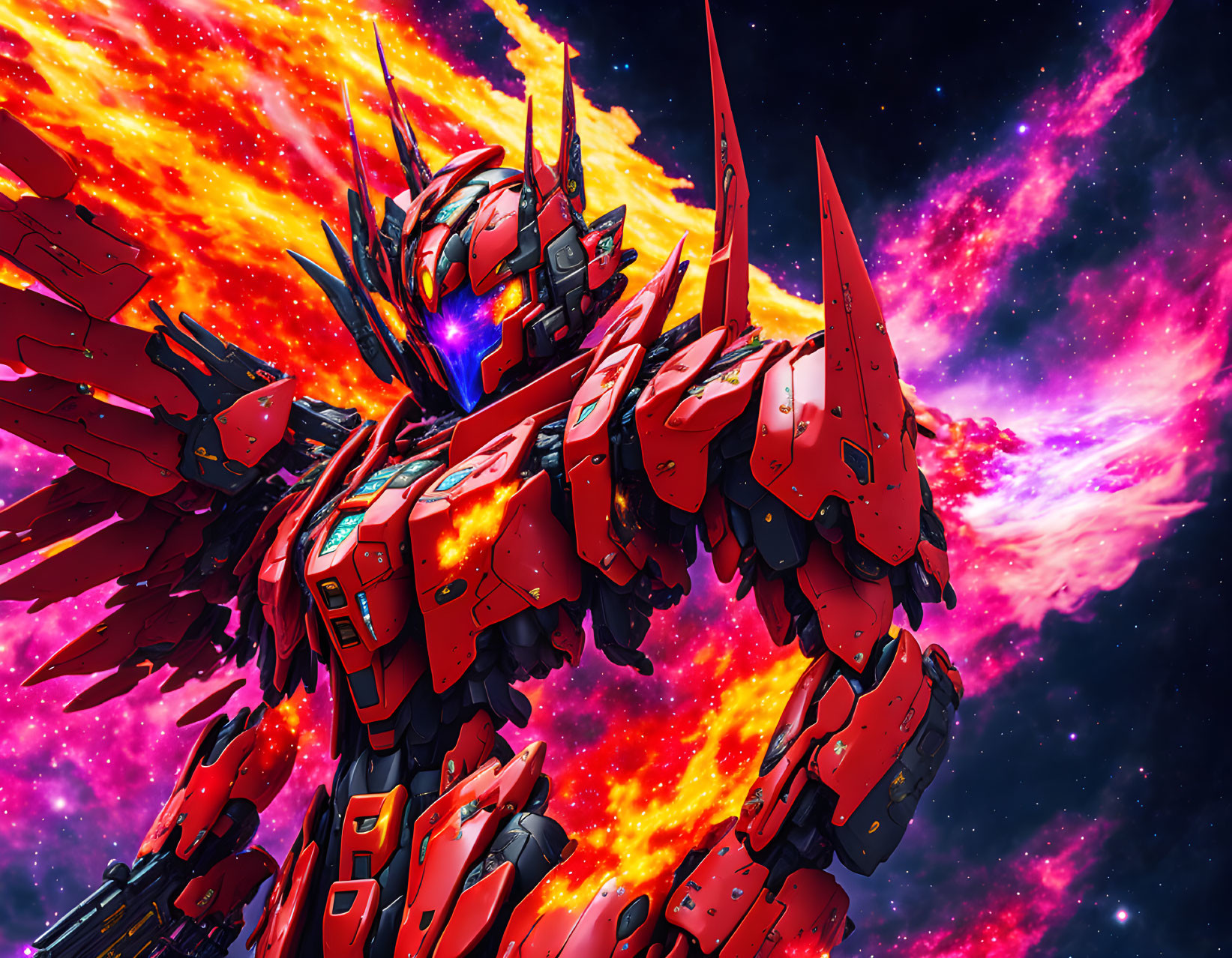 Detailed Red and Blue Mecha Robot Illustration with Cosmic Background