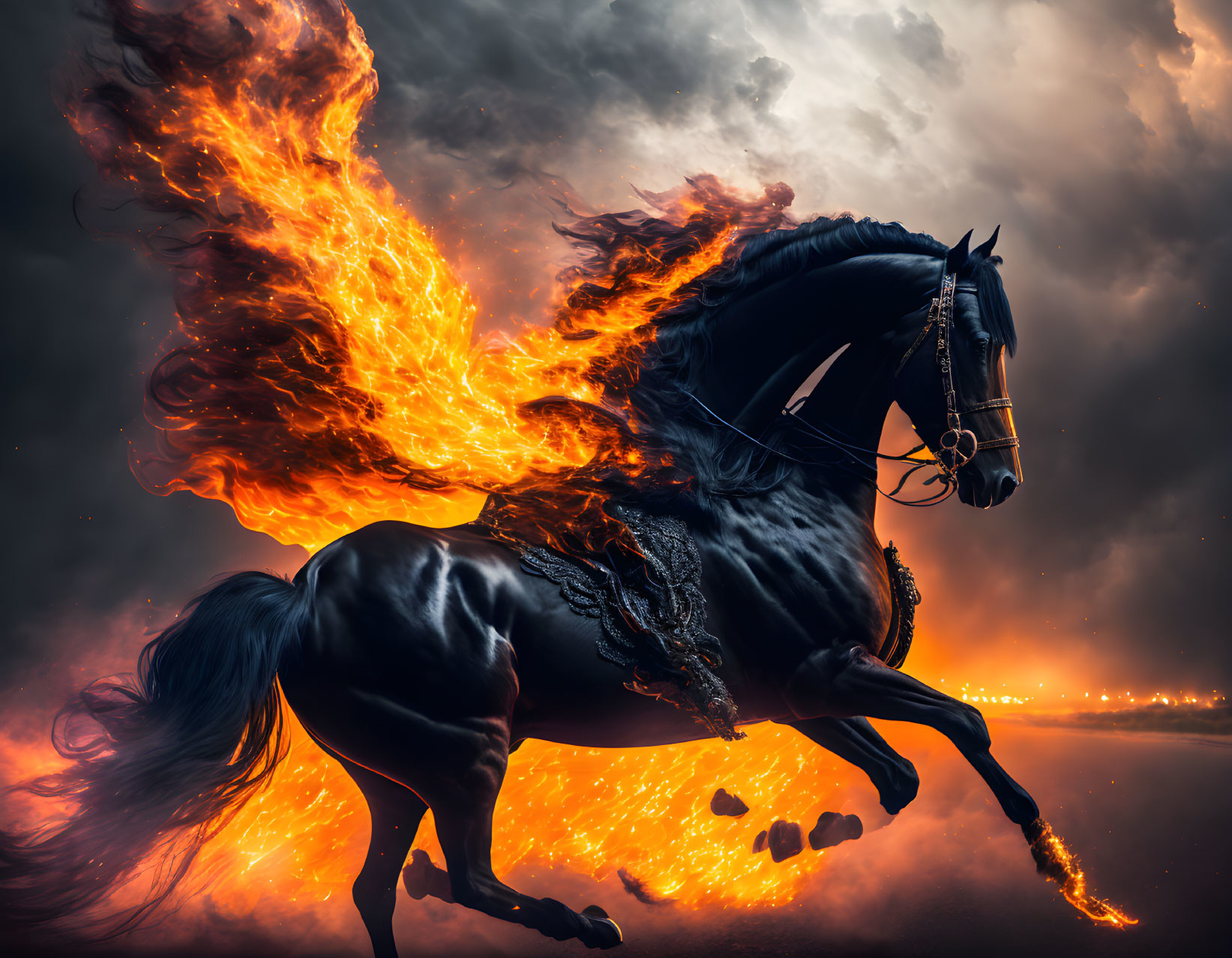 Majestic black horse with fiery orange mane galloping in stormy sky