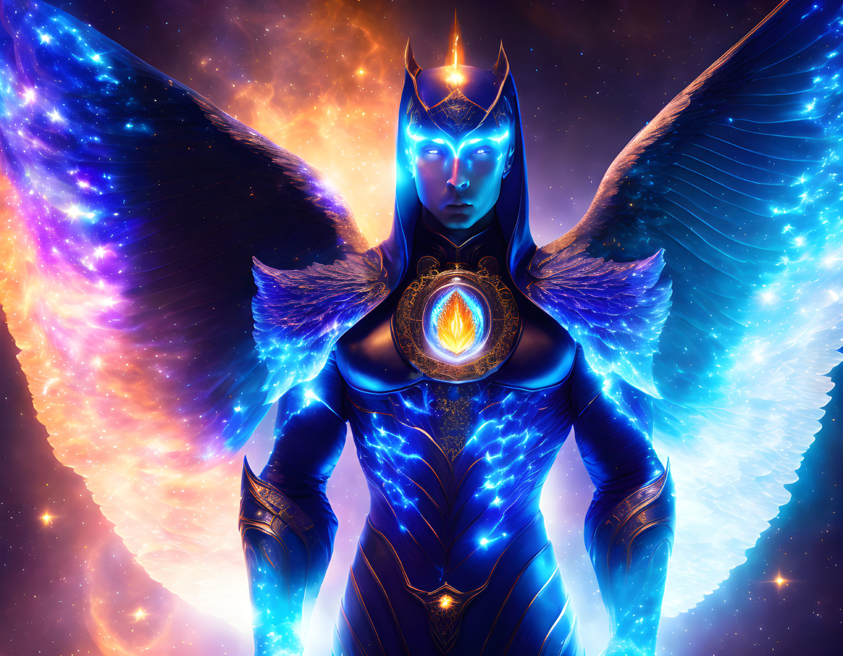 Mythical female figure with blue armor and cosmic wings in space