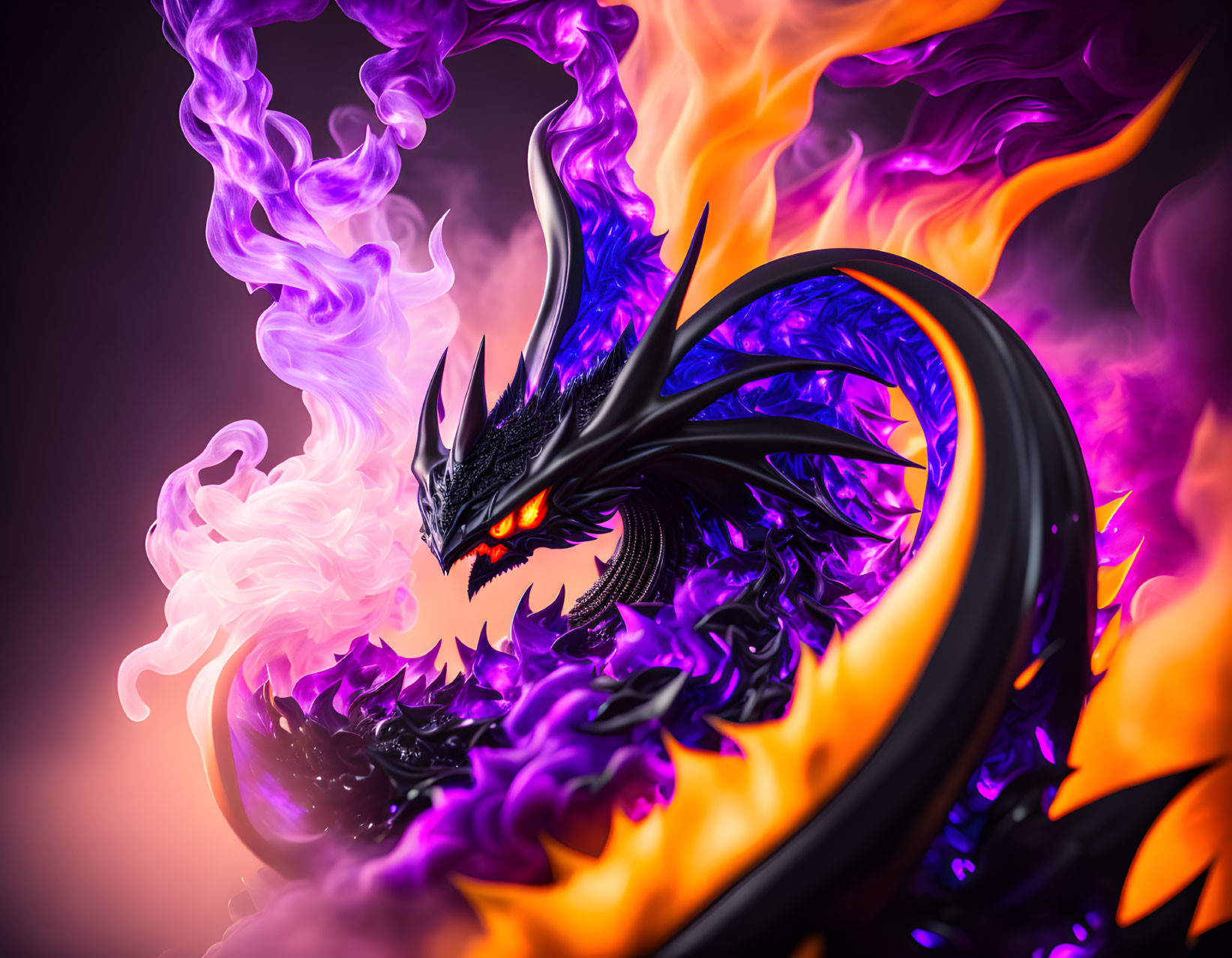 Digital artwork: Black and purple dragon in swirling smoke and flames