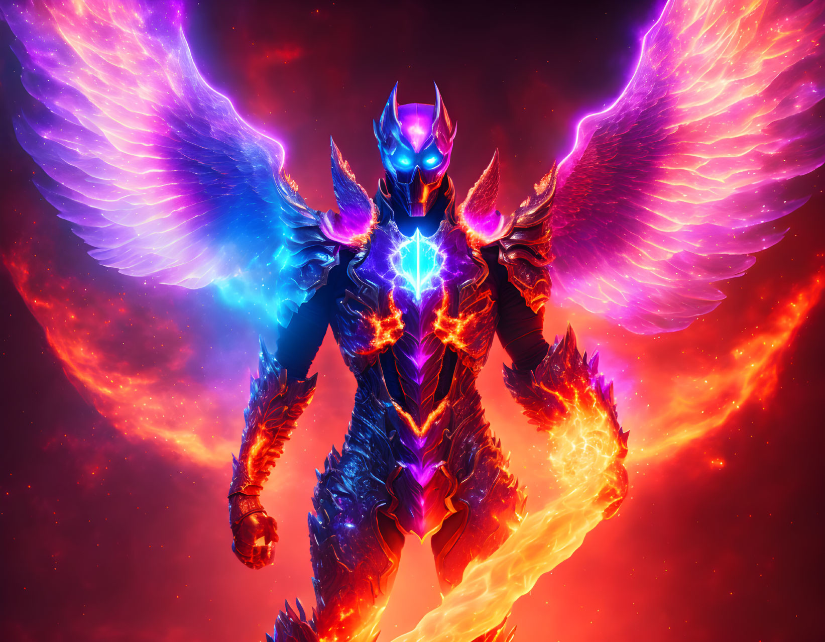 Armored figure with luminous wings and flaming fist in cosmic fantasy illustration