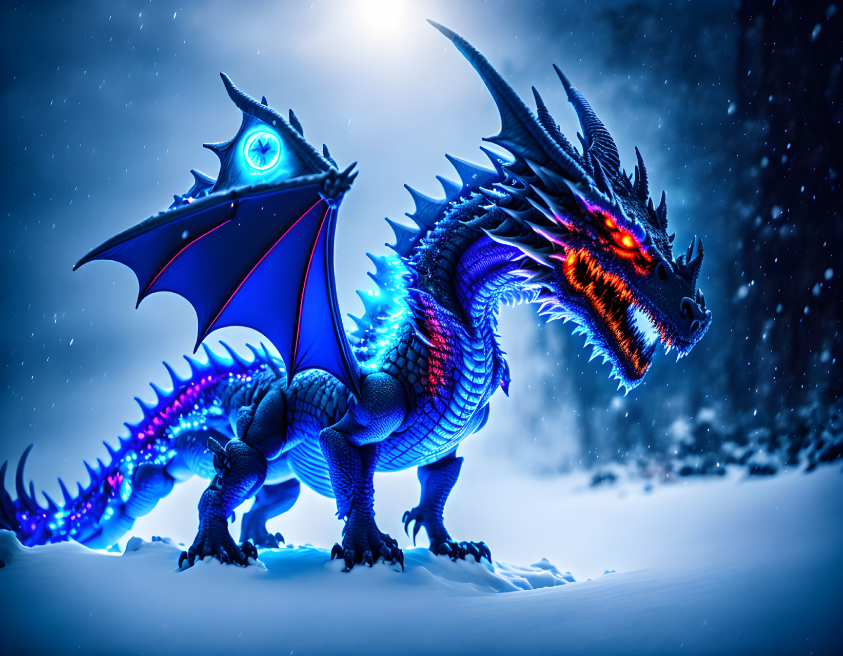 Blue and orange dragon in snowy landscape with glowing spikes