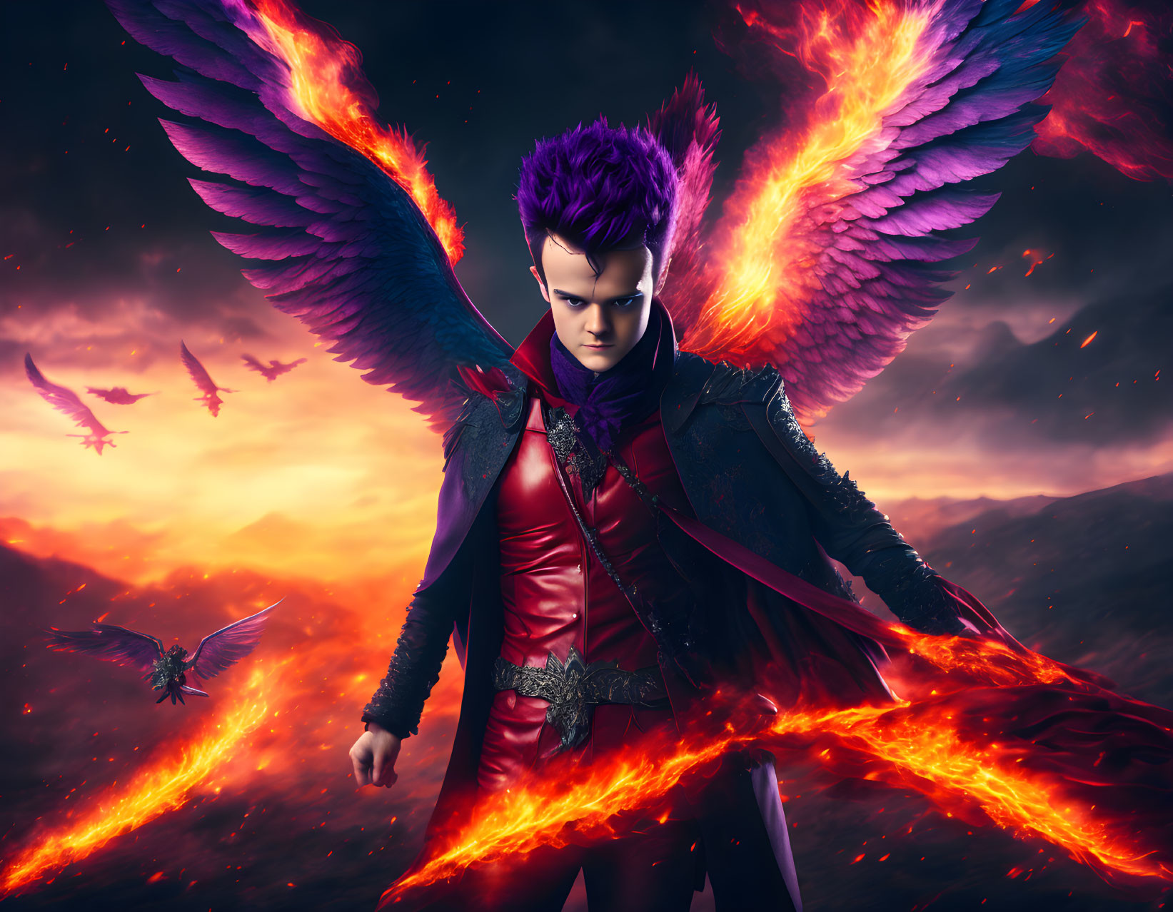 Purple-haired fantasy character with fiery wings in volcanic landscape with sword and birds.