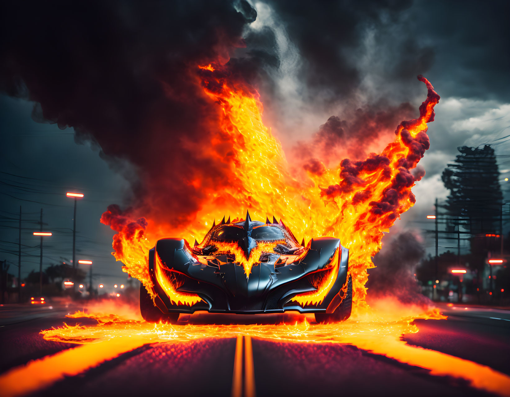 Black Bat-Themed Car with Fiery Wings on Road Amid Intense Flames