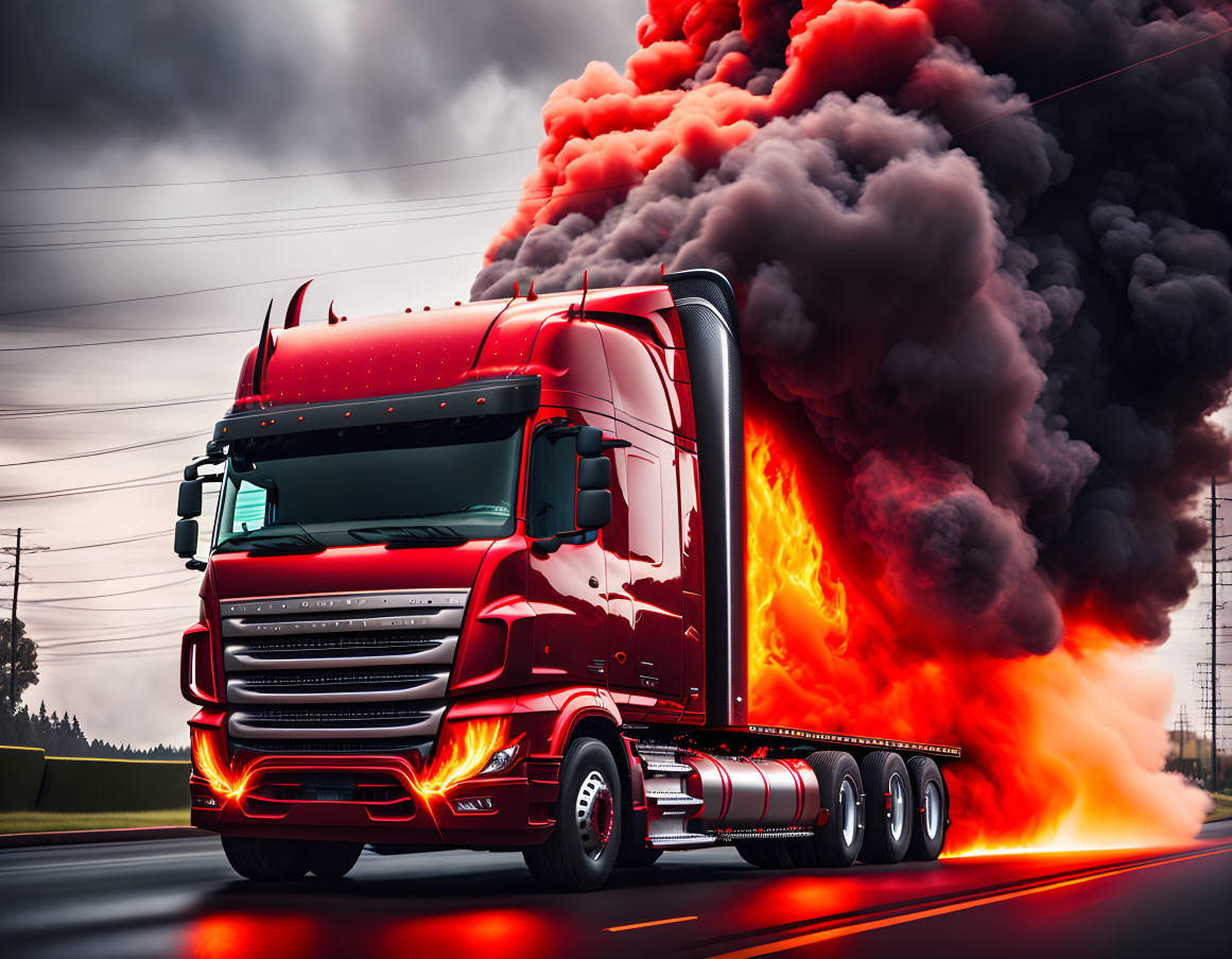 Red semi-truck on highway with fiery effects and dark smoke.